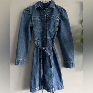 Gap Long Sleeve Fitted Denim Dress with Belted Denim Tie, Size 0